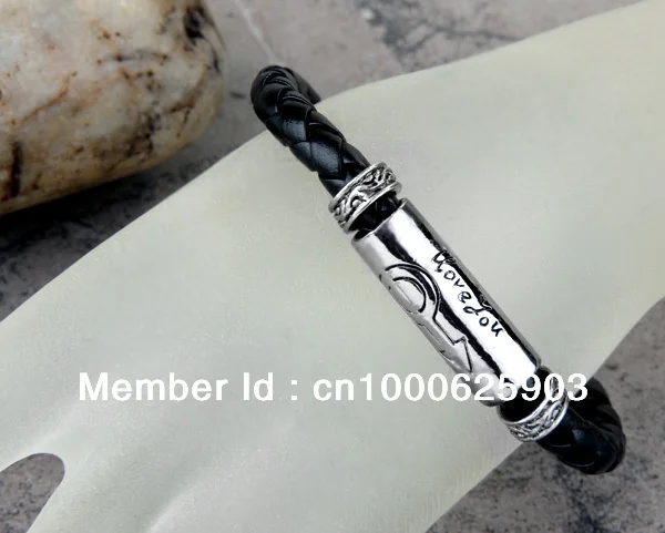 Модный мужской браслет из черной кожи с оплеткой тибетского серебра манжета на