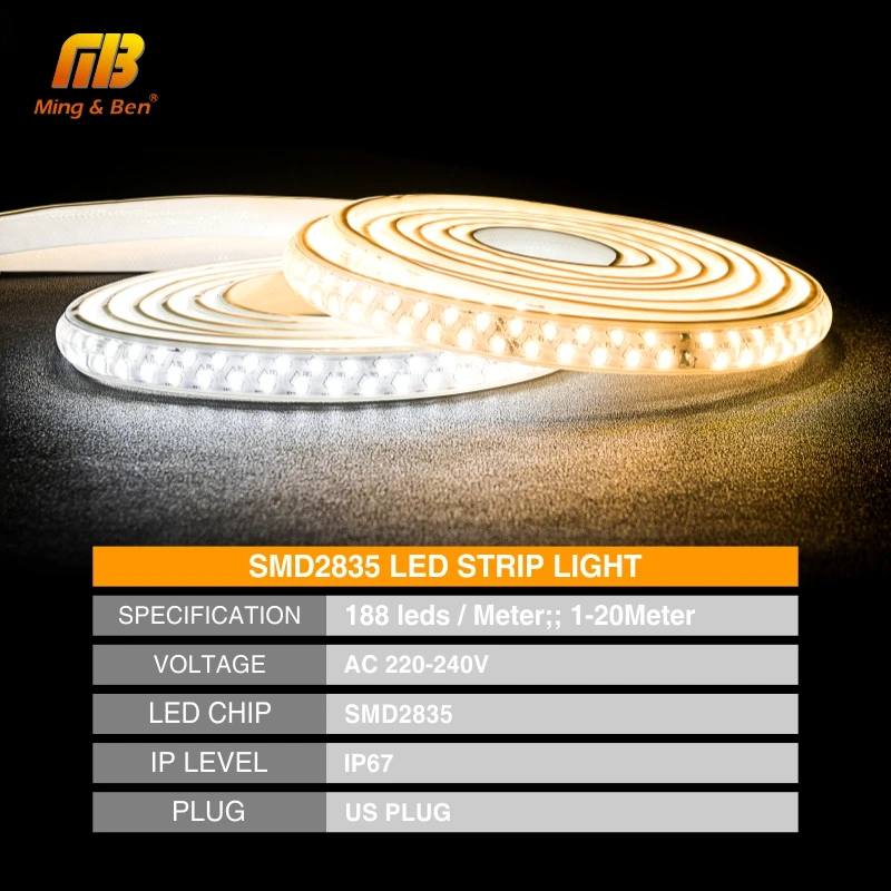 Светодиодный гибкие полосы 1-20 м без мерцания 220 V SMD2835 Водонепроницаемый IP67 188
