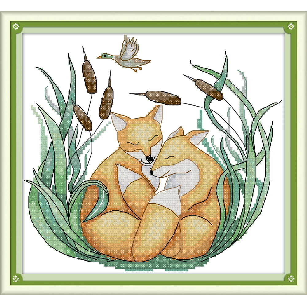 

NKF Two Foxes Animal Cross Stitch Kits 11CT 14CT Chinese Cross Stitch Pattern Embroidery Needlework Set for Home Decor