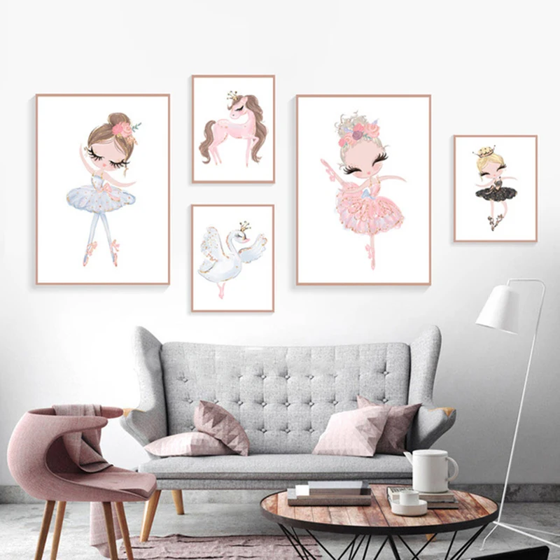 

Ballet Princess Nursery Nordic Poster Unicorn Wall Art Canvas Painting Swan Wall Pictures For Children Room Kid Cuadros Unframed