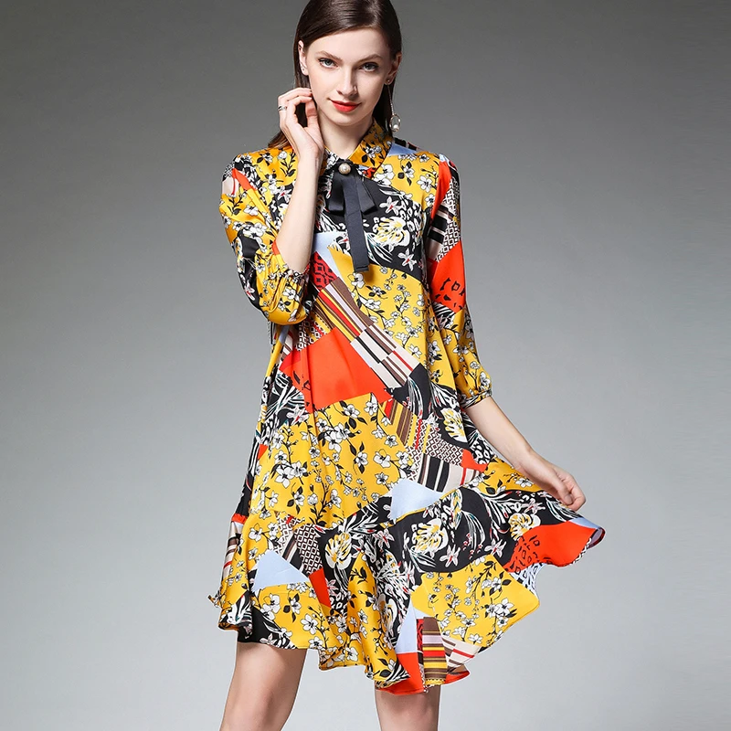 Плюс Размер Женская мода цветной шифоновый свободное платье Высокая талия Стенд