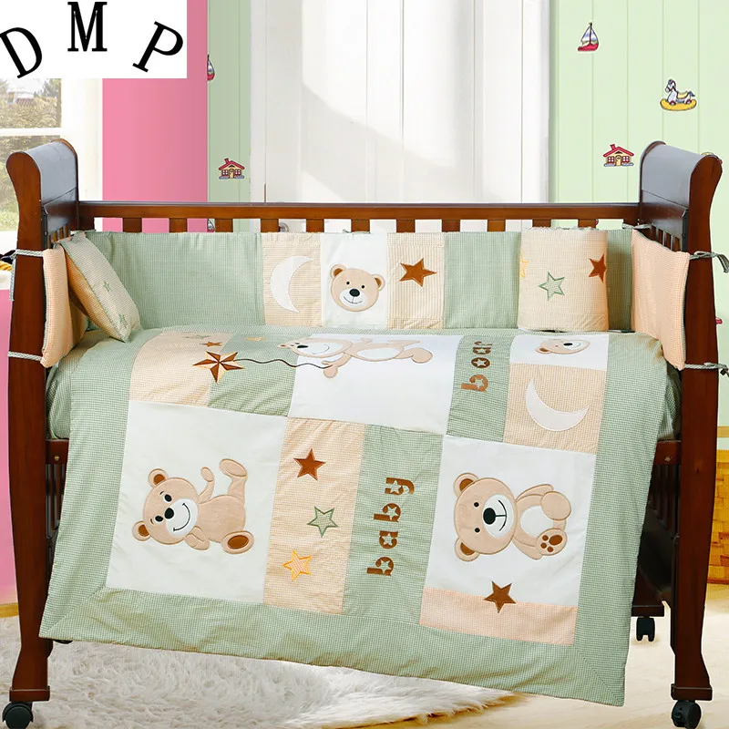 

7PCS embroidered Baby bedding sets Children Crib Bedding Set for winter 100% cotton ,include(bumper+duvet+sheet+pillow)