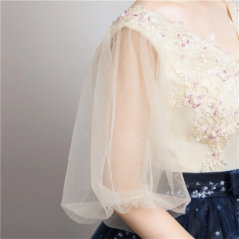 

Robe De Soiree V-Neck Long Evening Dress Delicate Beading Applique Flower Ball Gown Prom Party Solo Performance Host Dress 35