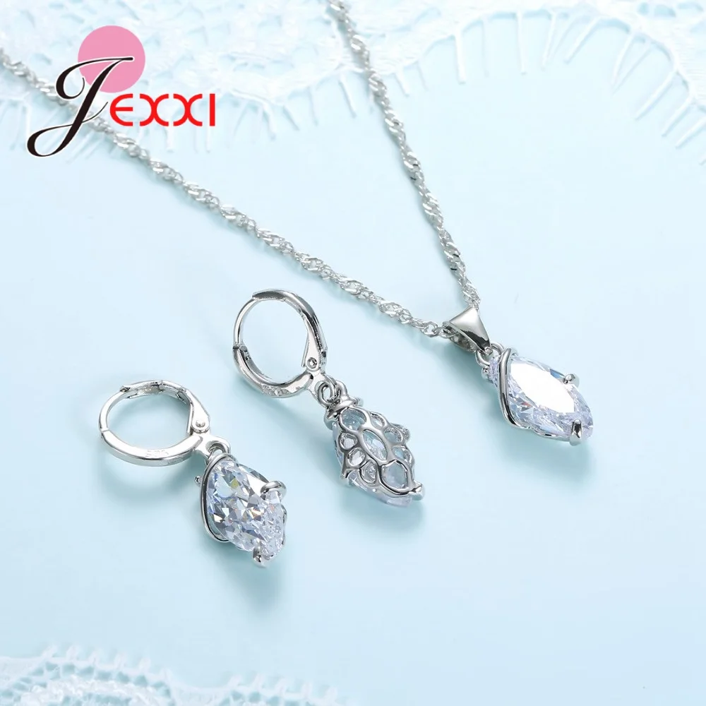 Clear White Crystal Necklace Pendent Earring Set For Women 925 Sterling Silver Lady Elegance Wedding Setv | Украшения и