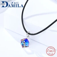 square crystal leather choker 925 sterling silver pendant necklace for women fashion silver choker jewelry necklaces for girls