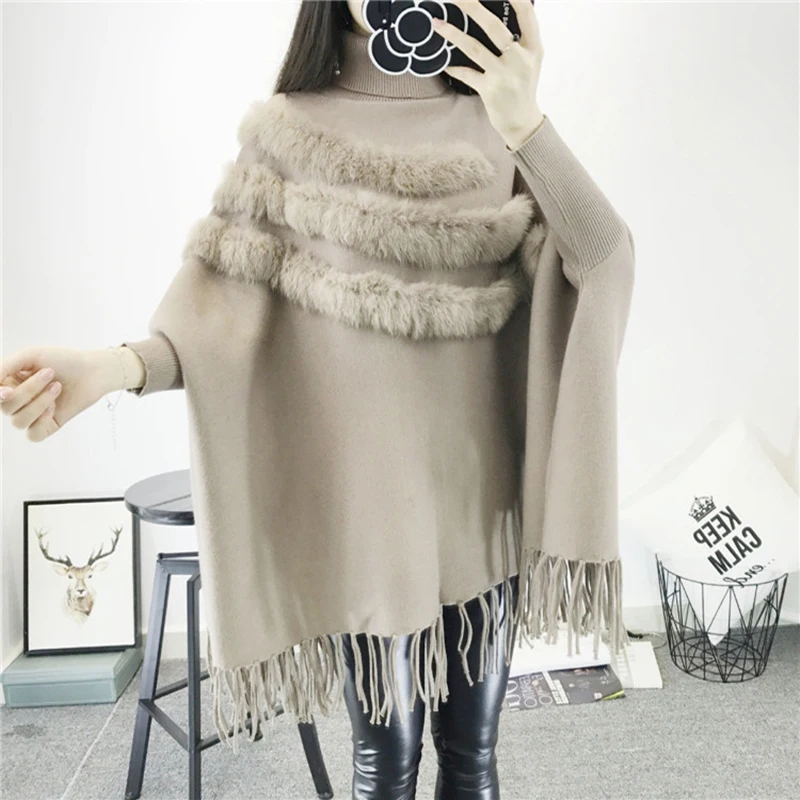 New Fashion Autumn And Winter Women High Collar Real Rabbit Fur Cloak Pullover Lady Bat Sleeves Tassel Poncho Sweater Knitwear | Женская