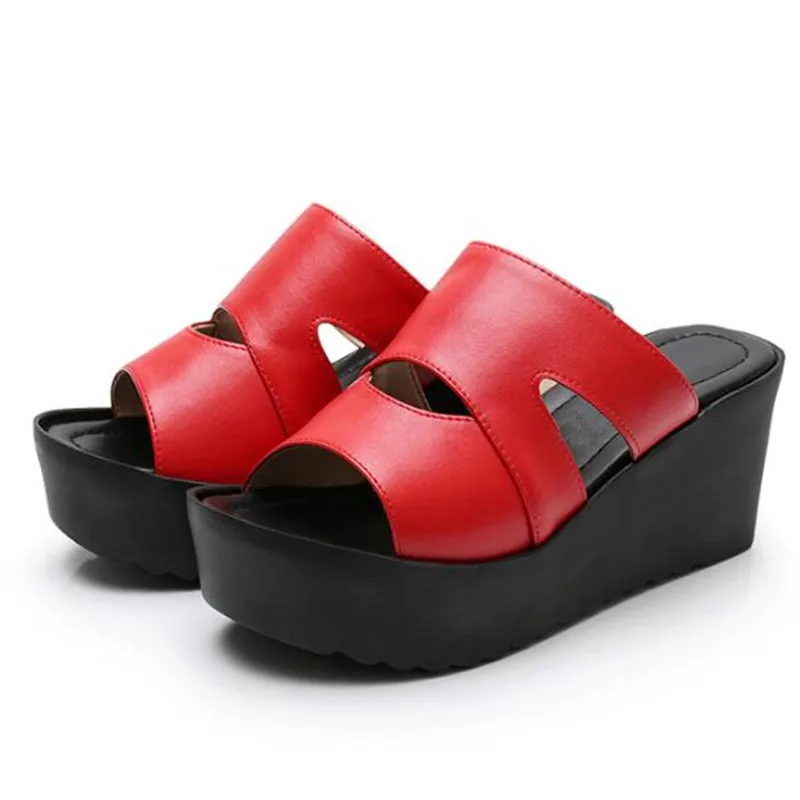 New Elegant Summer Leather Slippers Women Casual Sandals Comfortable Non-slip Platform Shoes Woman Wedge | Обувь