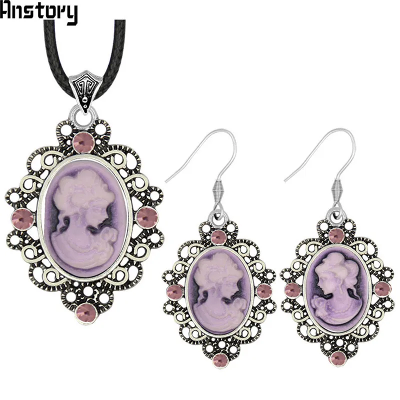 Oval Lady Queen Cameo Crystal Jewelry Set Antique Silver Plated Necklace Earrings Bracelet Fashion Jewelry TS463