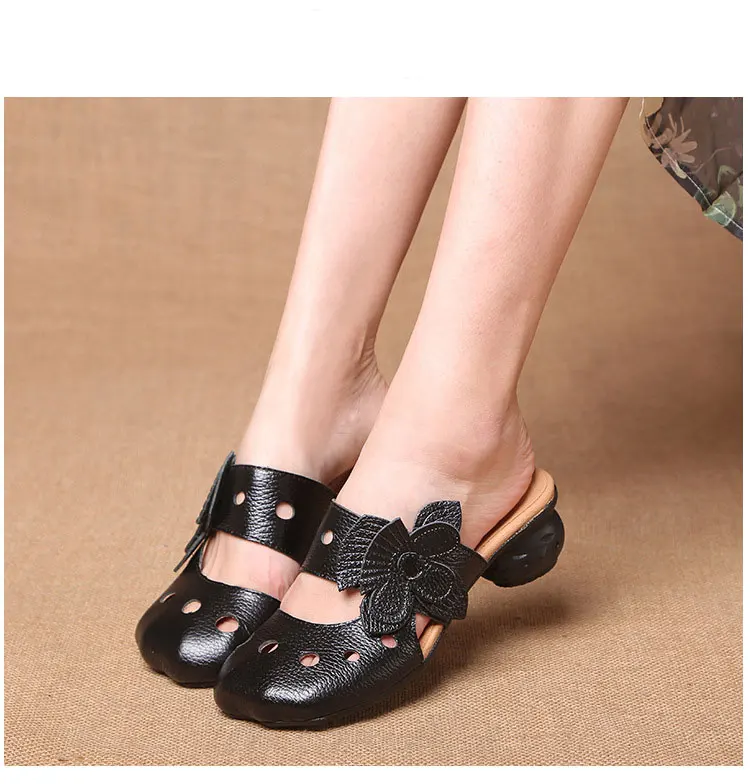 Xiuteng Hollow Sandals Flowers Pattern Genuine Leather Big Head Adjustable Daily Sandals Ladies Shoes Spring New Women Slippers