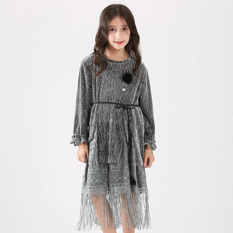 Вечернее платье для девочек длинное стильное блестящее бархатное с кисточками и