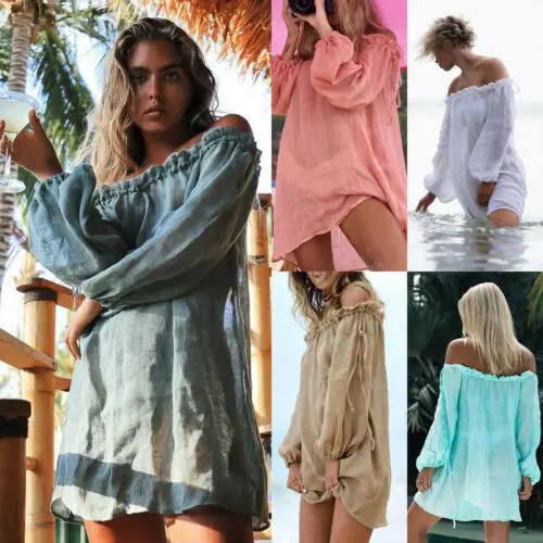 Женское платье в стиле бохо Пляжное с длинным рукавом и вырезом лодочкой лето