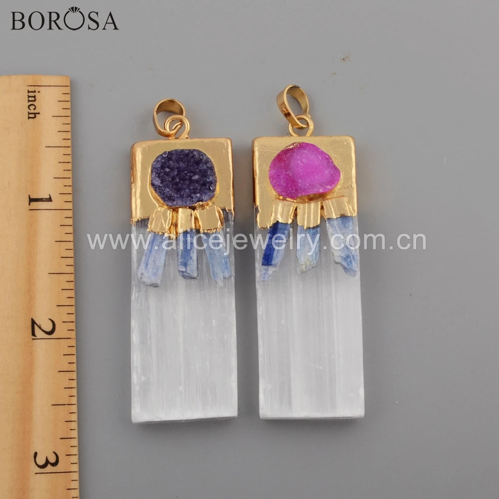BOROSA прямоугольная Подвеска из селенита с натуральным кианитом радужные Агаты Druzy