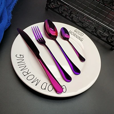 purple Горячая Распродажа 4 шт. черная столовая посуда кухонный нож из нержавеющей стали вилка столовая ложка столовая посуда столовые приборы набор столовых приборов Прямая поставка - Цвет: purple