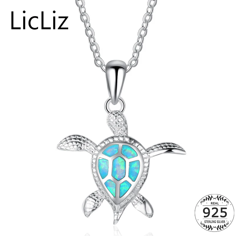 

LicLiz 925 Sterling Silver Turtle Necklace Collar Women Blue Fire Opal Animal Pendant Necklace Charm Link Chains Necklace LN0265