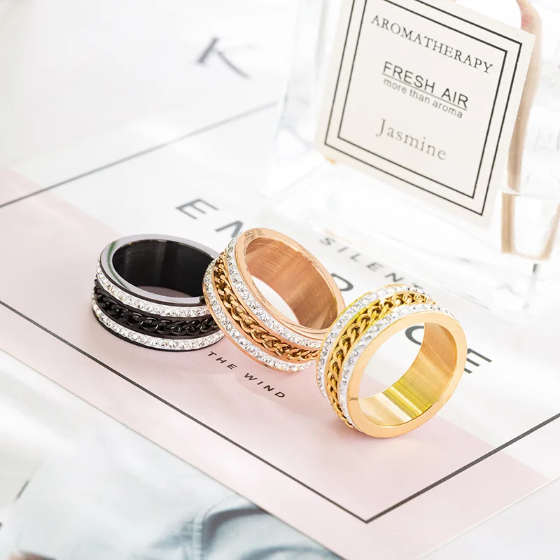 Fashion stainless steel double row circumference chain ring Couple Wedding Bands for women engagement jewelry | Украшения и