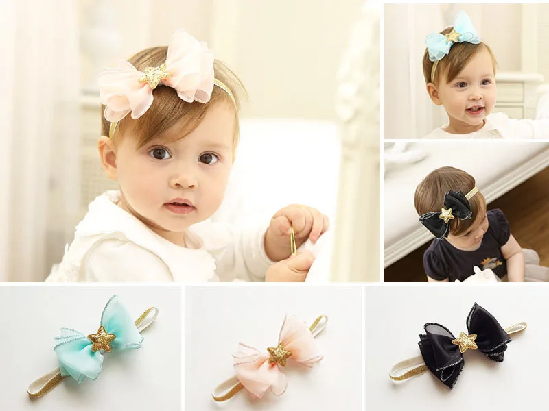 

Boutique 15pcs Fashion Cute Chiffon Big Hair Bow Glitter Star Soft Hairbands Solid Kawaii Gauze Bowknot Headbands Headwear