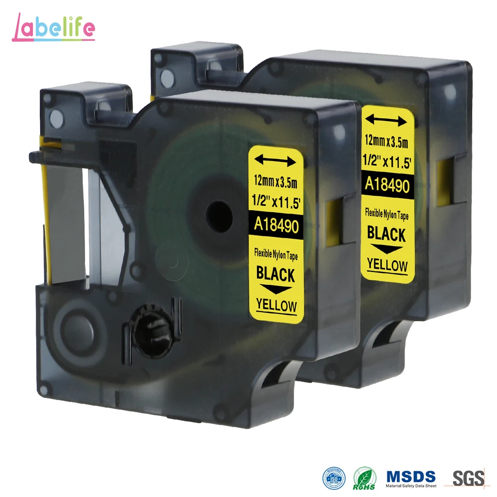 2 упаковки 18490 для DYMO Rhino гибкая нейлоновая этикетка S0718080 черная на желтом 12 мм