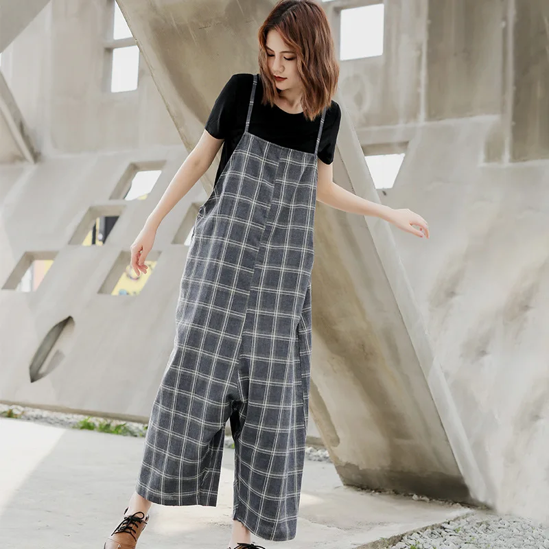 

Women Spring Large Size Women's Plaid Loose Casual Sling Long Section Jumpsuit