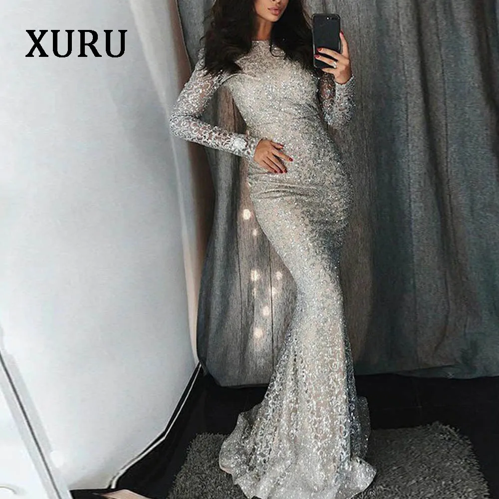 XURU, новинка, хит, женское платье с блестками, серебряное, Круглый, с длинными рукавами, сумка, бедра, платье, богемный стиль, платье русалки