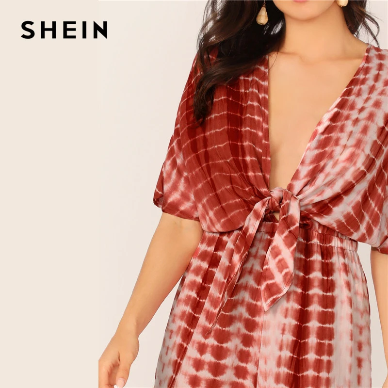 SHEIN ржавчина погружающийся шеи узел спереди галстук краситель сексуальный Ромпер в стиле бохо женские летние комбинезоны с коротким рукавом женский комбинезон средней длины приталенный легкий костюм с шортами