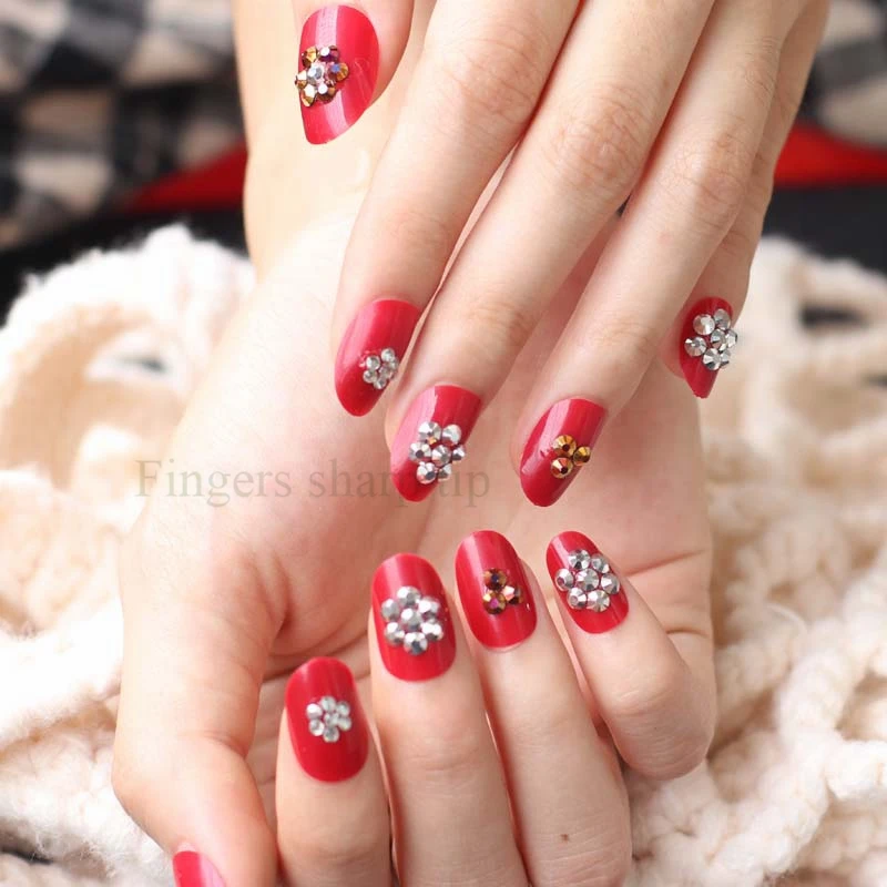 The latest popular full diamond crystal round head candy color handmade fake nails Rich red W15 | Красота и здоровье