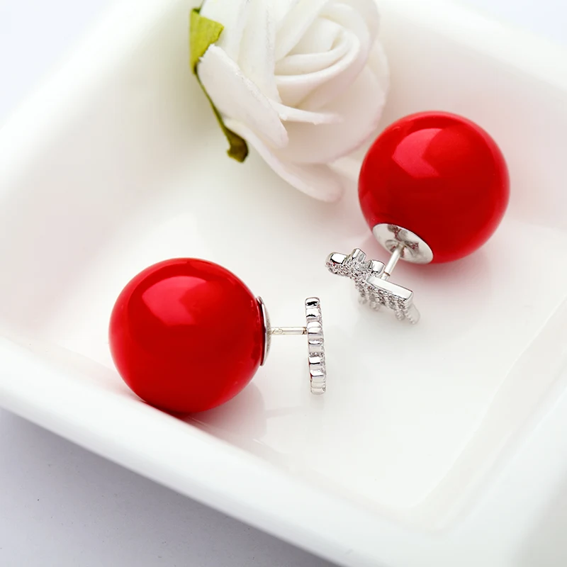 LUOTEEMI New Jewelry Snowflake and Stud Earrings Tiny Shining CZ Crystal Red Imitation Pearl Double Side Brincos Christmas Gift|stud earrings|stud