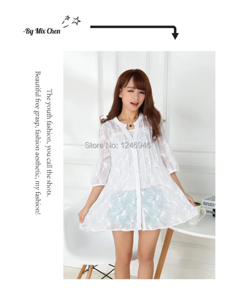 [Hot] New Fashion Women Lace Three-quarter Sleeve V-Neck Embroidered Chiffon Pleated Shirt Top Blouse C140224 Wholesale |