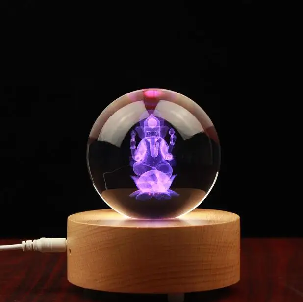 Ball Wooden Base Хрустальные статуи Будды 3d гравировка шар со слоном Бог скульптура домашний декор Ганеша талисман украшение - Цвет: Ball Wooden Base