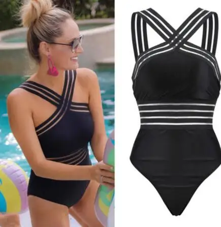 2019 Sexy One Piece Swimsuit Women High Neck Bandage Cross Back Monokini Black Swimwear Bathing Suits Swimming Suit | Спорт и