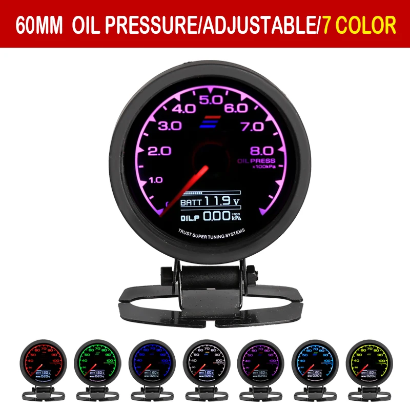 

Grd Gauge GReddi Oil Press Gauge 7 Light Colors LCD Display With Voltage Oil Pressure 62mm 2.5 Inch With Sensor Racing Gauge