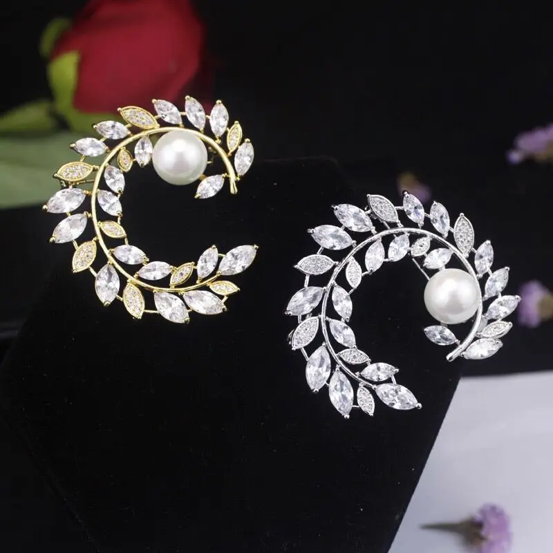 MxGxFam CZ Leaves and Pearl Brooches For Women AAA+ Cubic Zircon 18 k Yellow Gold Color | Украшения и аксессуары