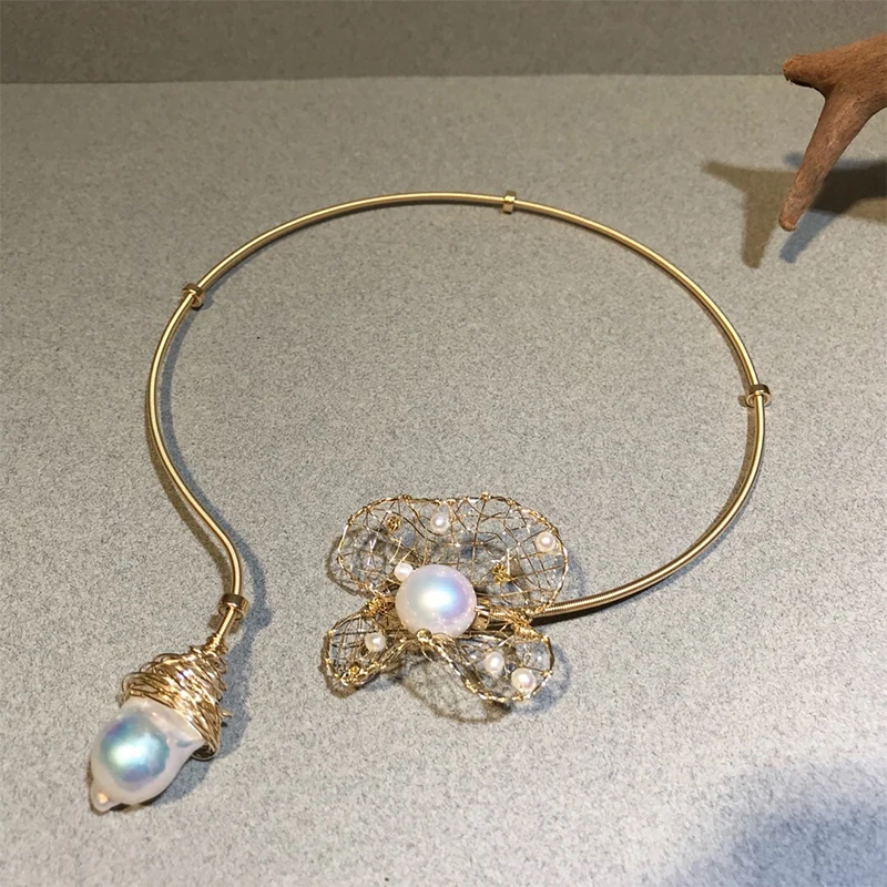 

ANI 14K Roll Gold Handmade Women Torques Natural Freshwater White Pearl Roll Gold Bijioux fine Engagement Jewelry Lady Necklace