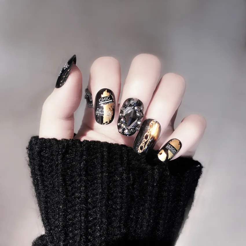 Роскошные черные золотые поддельные ногти AB горный хрусталь заклепки цепи