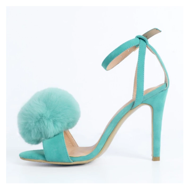 Fashion Turquoise Color Sweet Fur Ball Designer Hairball High Heel Sandals Women Ankle Strap Thin High Heel Dress Shoes Party