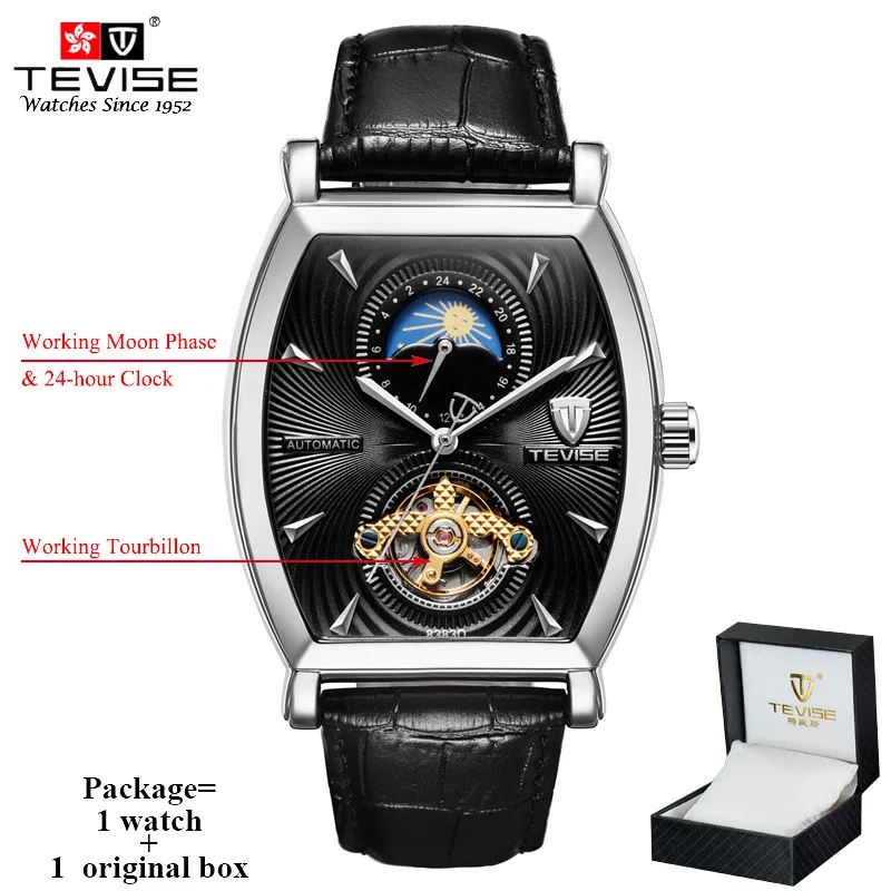 black 1 Tevise механические Автоматические часы для мужчин бизнес Tourbillon Топ люксовый бренд Relojes Hombre кожа Moon Phase часы 8383D - Цвет: black 1