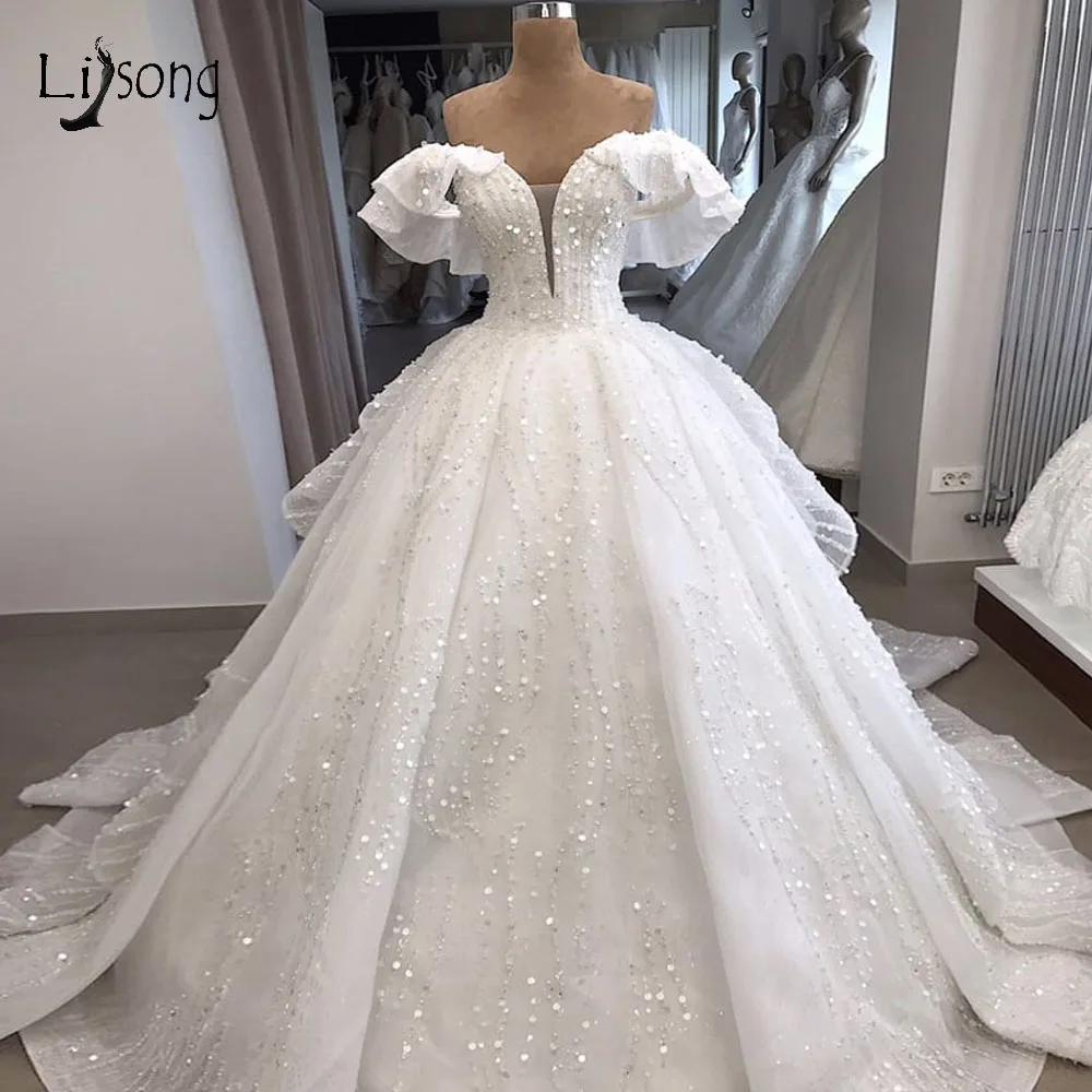 Роскошные Блестящие Свадебные платья из Дубая свадебные бальные с блестками и