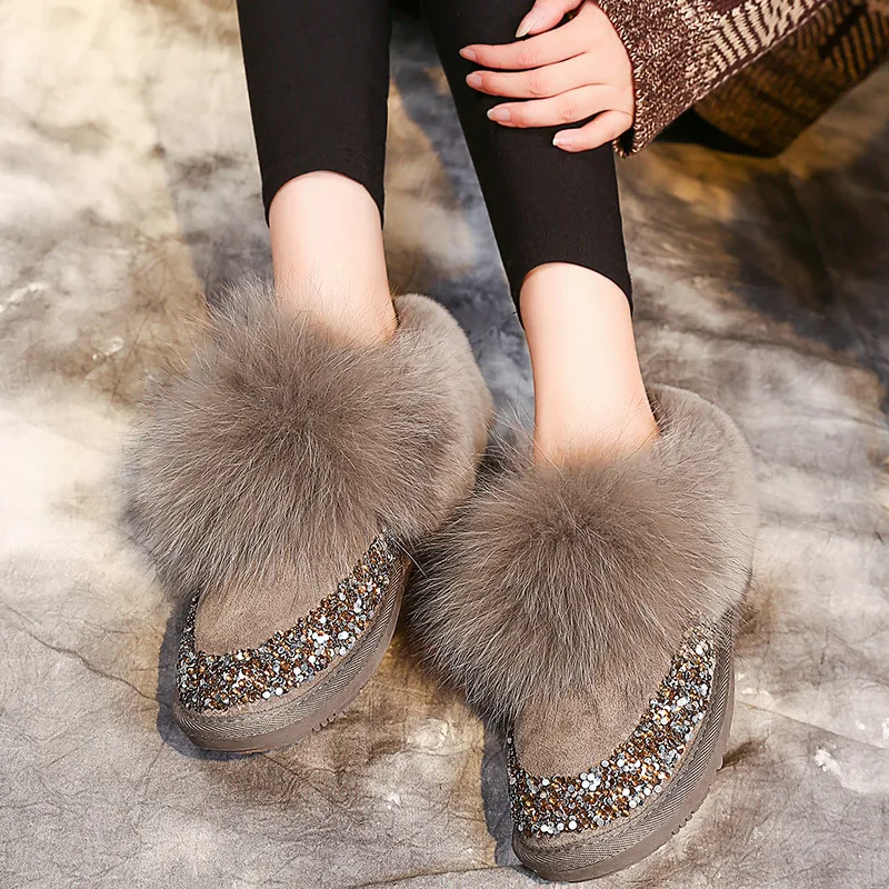 

SWYIVY Shoes Women Snow Boots 2019 Woman Winter Boots Rabbit Fur Warm Velvet Casual Shoes Black Female Sequins Slip On Winter