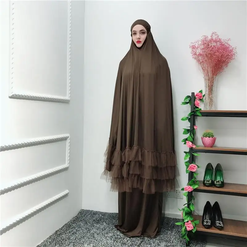 2 Piece Women Prayer Hijab Dress Dubai Muslim Khimar Jilbab Overhead Abaya Clothing Ramadan Skirt Kaftan Solid Color Set Islamic