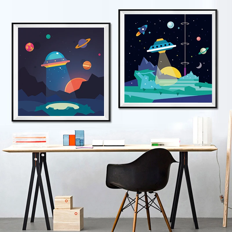 Мультяшная Милая темнота ракета корабль исследует космическое Искусство Холст