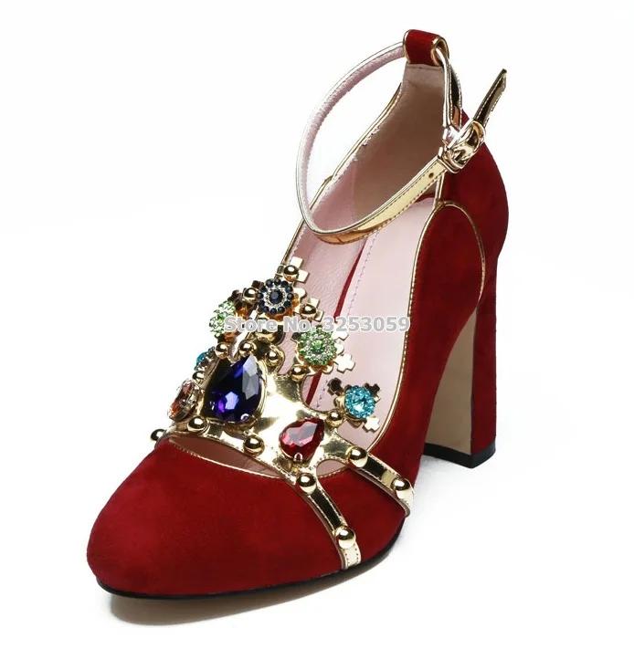 

ALMUDENA Luxury Red Pink Suede Multi-color Beaded Chunky Heel Wedding Shoes Metallic Gem Bling Bling Crystal Sequined Dress Pump