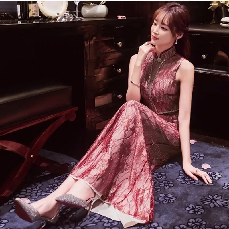 Сексуальное кружевное платье Cheongsam без рукавов, современное свадебное платье Qipao, длинное китайское официальное вечернее платье, элегантные женские восточные вечерние платья с бриллиантами