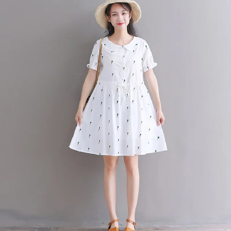 Mori Girl Summer Women Cotton Short Dress Peter Pan Collar Carrot Print Casual String Vestido Femme White Blue Kawaii Mini | Женская