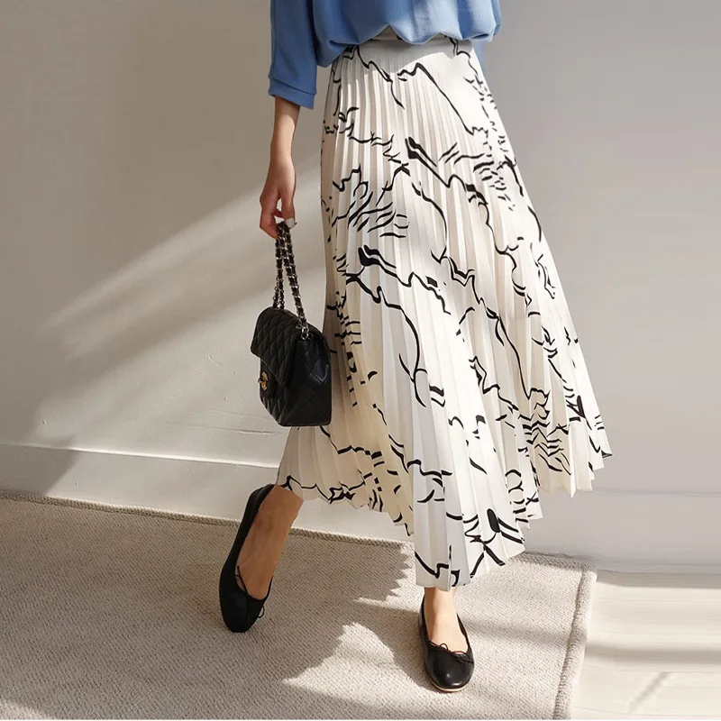 

Vintage Pleated Skirts Women Summer Bohemian High Waist Chiffon Skirt Female Fashion Graffiti Saia Midi Skirt Faldas De Mujer