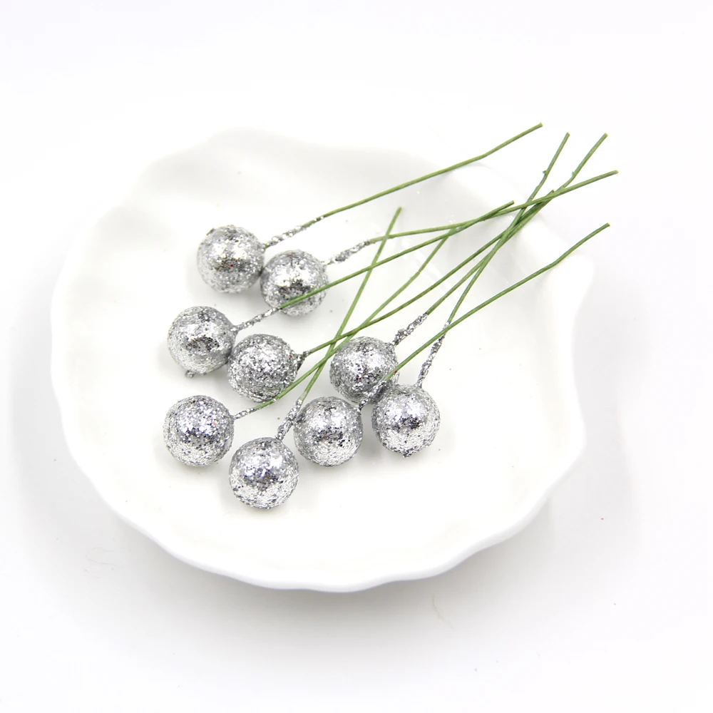 100 шт DIY Цветы блестящие Рождественские цветы искусственные Ягоды Искусственные тычинки цветов Свадебные/Рождественские вечерние украшения - Цвет: Серебристый
