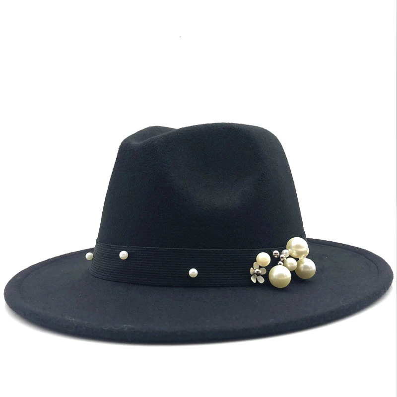 Шерстяная шляпа Fedora Хокинс фетровая шляпка широкими полями дамы Chapeu Feminino шляпа Для женщин жемчуг Джаз церкви Крестный отец шляпы сомбреро