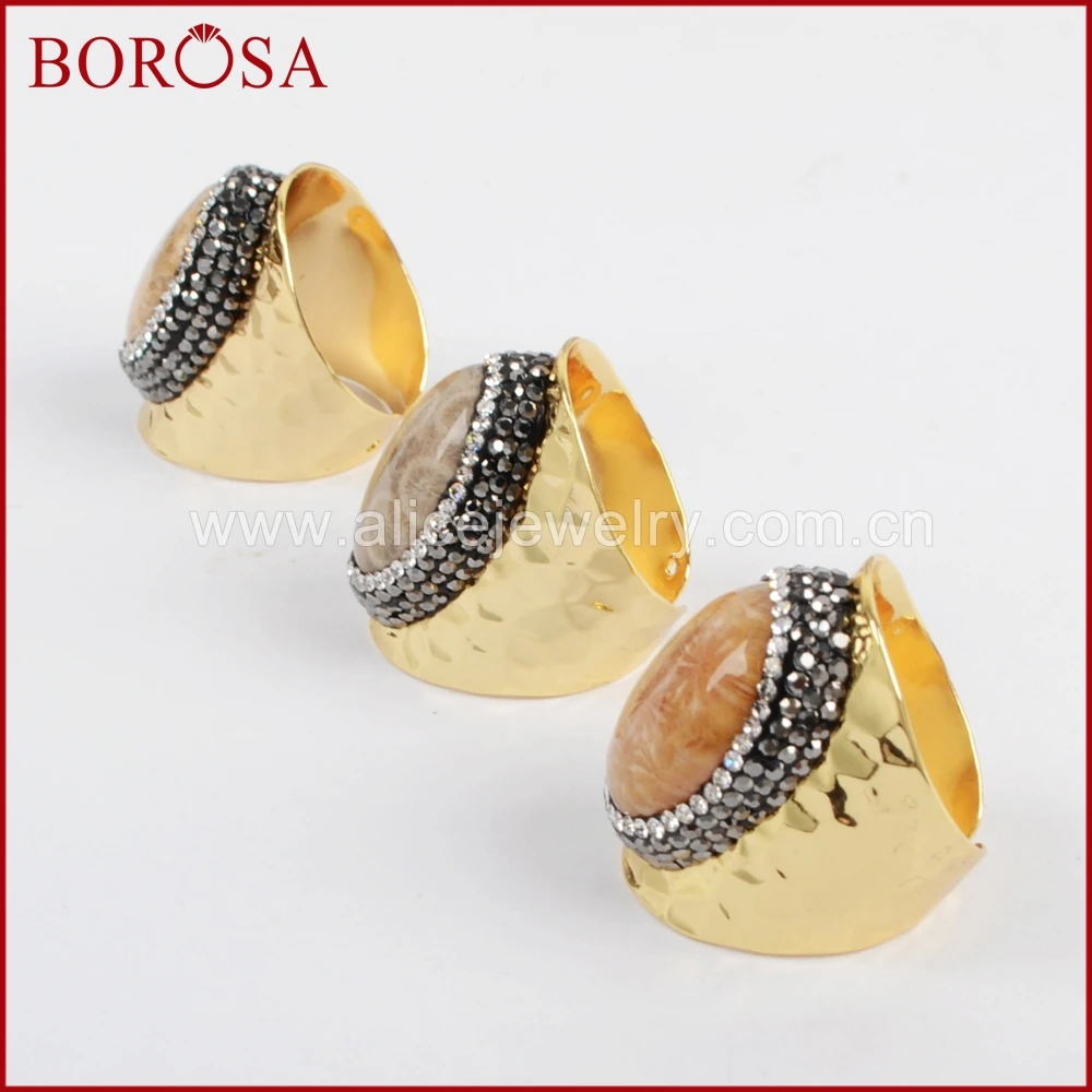 BOROSA 10 шт. кольца с хризантемой стразы натуральным кораллом Золотое кольцо
