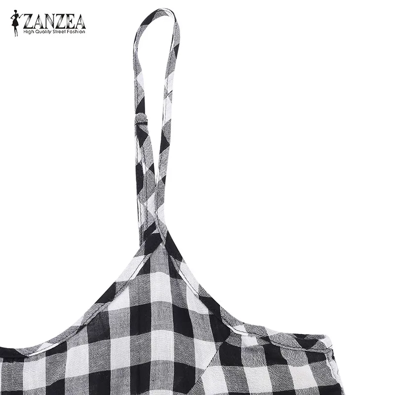 ZANZEA, Длинные Комбинезоны, женский комбинезон, Женский винтажный хлопковый комбинезон, широкие штаны в клетку, с ремешками, клетчатые брюки