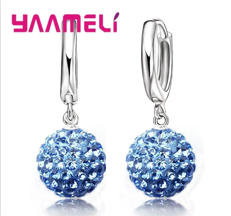 Blue Лучшие продажи, 925 пробы серебряные блестящие хрустальные серьги-кольца с шариком, ювелирные изделия,, Прямая поставка, Женские Ювелирные изделия - Окраска металла: Blue