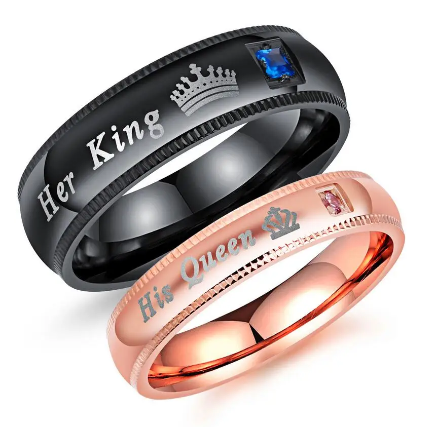 316L stainless steel rose gold &quotHis Queen&quot black &quotHer King&quot couple ring included customized engrave and gift box package |