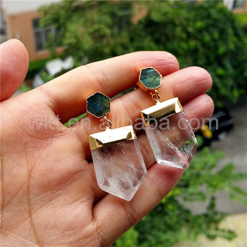 Серьги-подвески из Лабрадорита и кварца с необработанным кварцем ювелирные